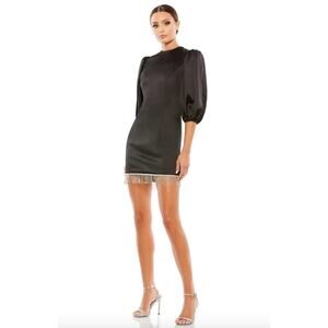 MAC DUGGAL Dress Size 8 Mini Dress NEW Black Beaded Fringe Hem Silver Puff Slv